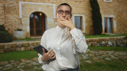 Fototapeta premium Woman wearing red glasses and white shirt holding a smartphone and hand to ear at a stone building courtyard; curiosity seeking answers.