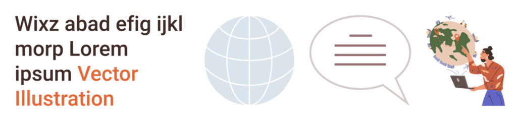 Obraz premium Global networking, online collaboration, education, technology connection, business communication, digital tools. Globe icon, speech bubble and person with a laptop. Global networking and online