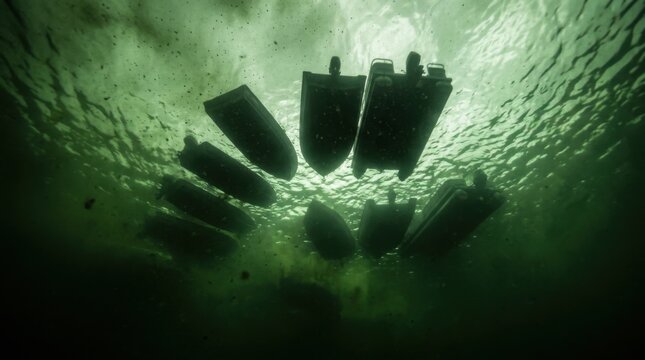 Underwater view of several dark objects floating in murky green water, mysterious scene.