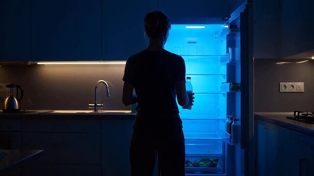 Person opening fridge in kitchen at night ideal for restaurant branding and gastronomy vlogs