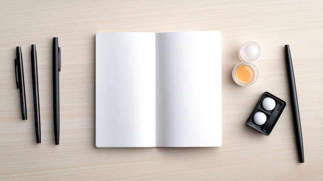 Artist workspace flat lay on light wood, open textured journal, black liner pens, liquid watercolor jars and brush ready for sketching, painting and creative journaling