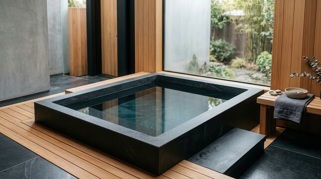 Cold plunge tub made of natural stone in a modern indoor setting with wooden accents and large windows overlooking a serene garden area