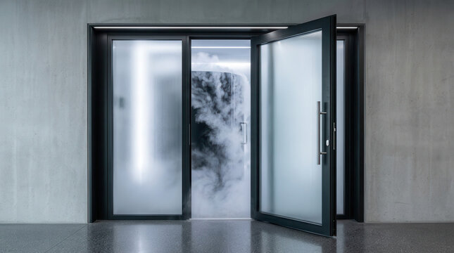 Minimalist entrance to a cryotherapy chamber featuring frosted glass doors and a sleek, modern design with visible mist emanating from the interior space