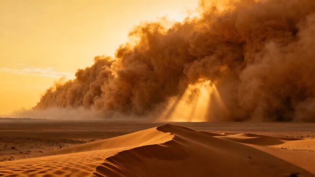 Cinematic wide-angle visualization of a massive sandstorm wall rolling across an empty desert at golden hour, with sharp dune foreground and churning orange-brown sand cloud.