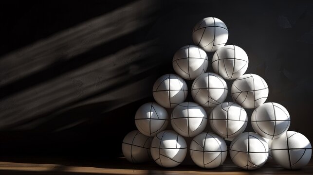 Spherical white objects stacked in a pyramid shape with black markings, creating interesting shadows on a dark surface, illuminated by natural light