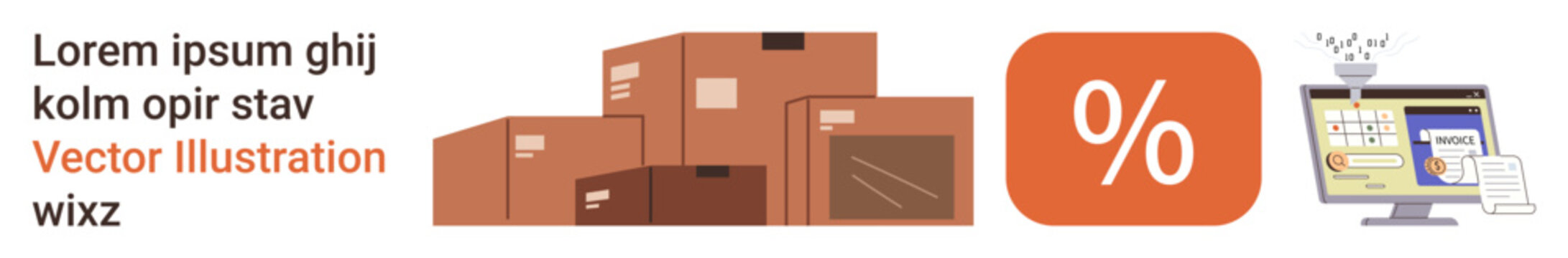 E-commerce, online shopping, discounts, logistics, retail, delivery icons. Stacked cardboard boxes, a percentage discount symbol and a computer screen with transaction details. E-commerce and online