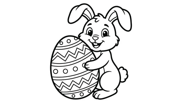Cute cartoon bunny hugging decorated easter egg black and white line art