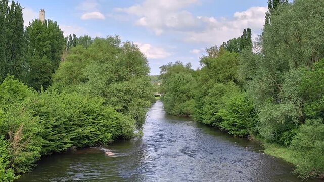 Horizontal 4K slow motion shot of a wide river current surrounded by lush green trees. Captured from a bridge with a static camera at 100 Mbps. Peaceful and cinematic nature scene.