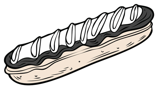 Hand-drawn illustration of a delicious chocolate eclair pastry with white icing drizzle