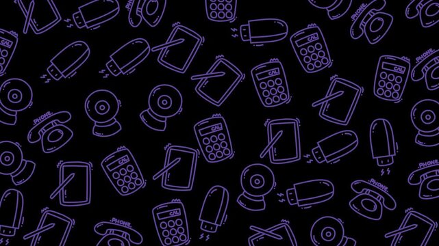 Purple outlines of gadgets float on a dark background. Devices include phones, calculators, cameras, and flashlights. Futuristic design evokes tech, innovation, or digital life. Ideal for app design