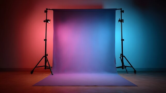 Professional studio setting featuring a vibrant multi colored gradient backdrop illuminated by spotlights for creative photography