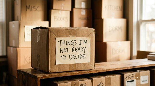 Cardboard Box Labeled Things Im Not Ready to Decide on a Shelf.