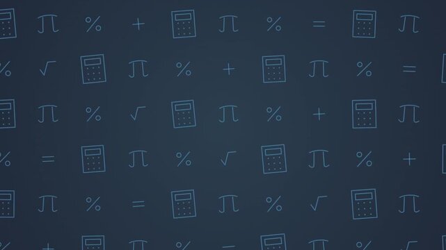 Abstract mathematical background featuring animated icons of calculators, pi, percentages, and math symbols on a dark blue gradient.