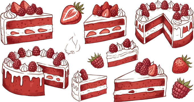 Delicious red velvet cake slices and whole cakes with strawberries and raspberries