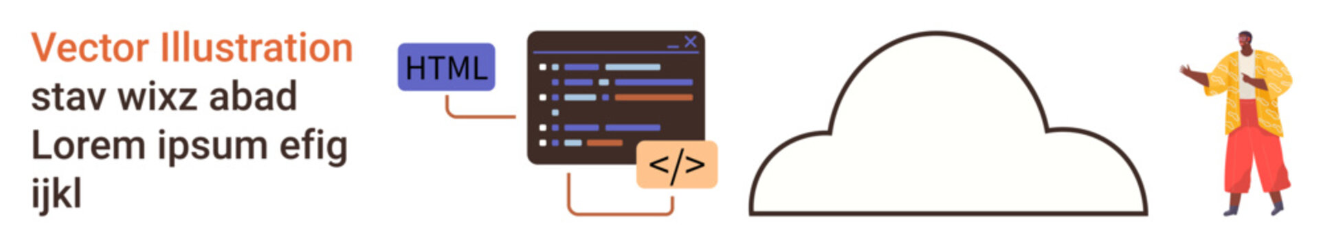 Cloud computing, web development, online storage, digital transformation, coding education, collaboration tools. Showing a cloud icon, HTML code snippet and a person gesturing. Cloud computing