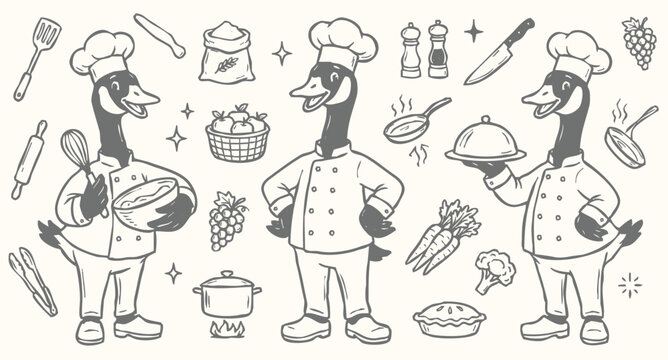 Vector doodle set of Canada goose chef mascots and kitchen tools.