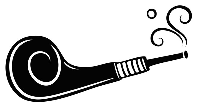 Stylized illustration of a party horn with wisps of smoke or air emanating from the mouthpiece