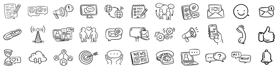 Large collection of hand-drawn doodle style icons covering themes of communication, internet, social media and business interaction. Vector illustration. © Viktoriia