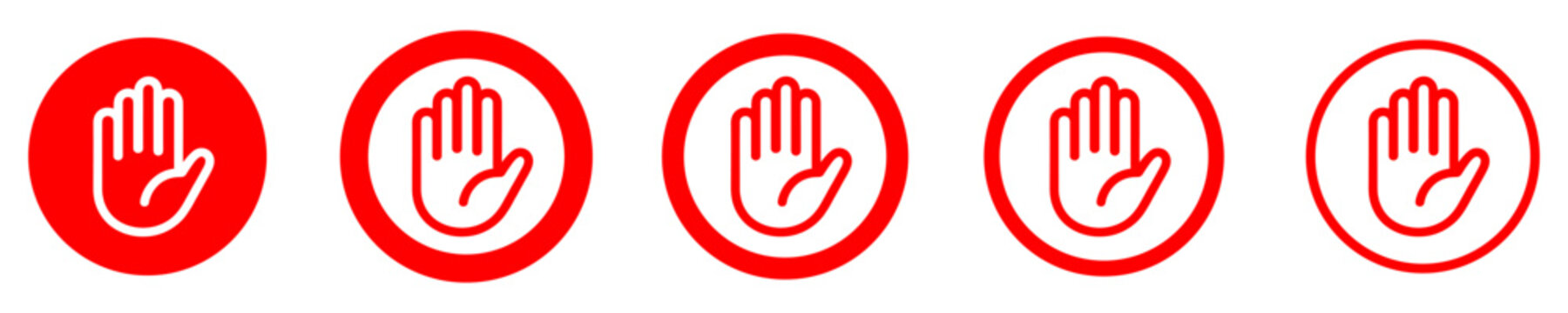 Set of red linear open palm icons in circular frames. Symbols for stop gesture, greeting, or helping hand with different stroke weights on a white background. Vector illustration.
