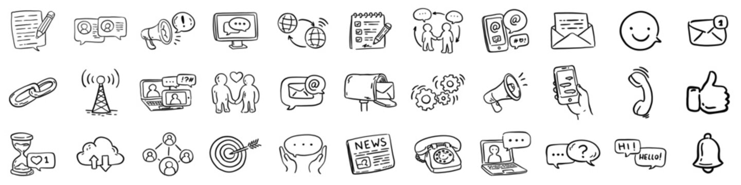 Large collection of hand-drawn doodle style icons covering themes of communication, internet, social media and business interaction. Vector illustration.