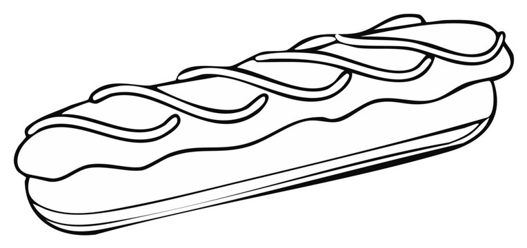 Outline illustration of a cream-filled eclair with decorative frosting