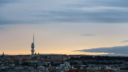 Naklejka premium Prague, Czech Republic. The Žižkov Television Tower (Czech: Žižkovský vysílač) is a transmitter tower built in Prague between 1985 and 1992.