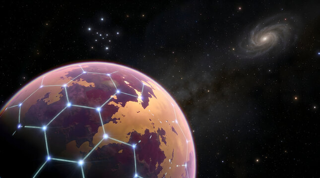 A digitally interconnected alien world with a glowing global network grid, symbolizing advanced technology, data flow, and cosmic exploration amidst distant galaxies