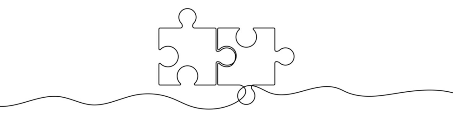 Two interlocking puzzle pieces, made in one continuous line. Minimalistic symbol of cooperation, teamwork, or finding a solution. Vector illustration.