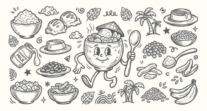 Vintage Filipino Halo-Halo Dessert Mascot and Tropical Shaved Ice Sweet Treat Doodle Set