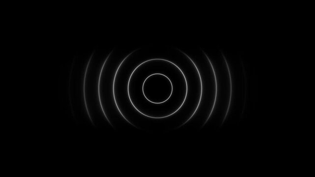 Pulsing white neon radio waves animation, abstract digital signal frequency loop on black background, for technology
