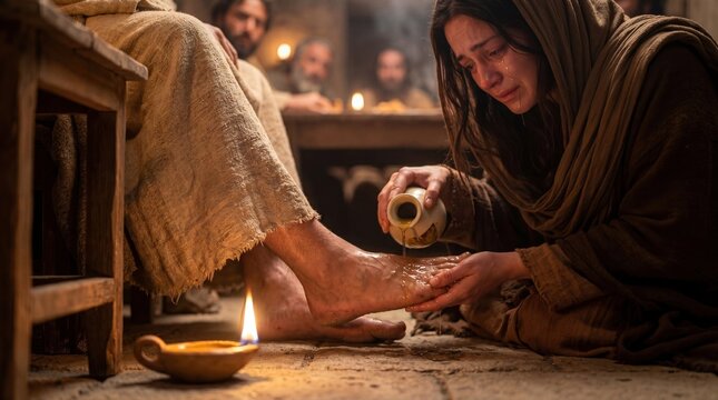 Jesus Anointed with Expensive Perfume by a Woman in a Sacred Moment of Devotion and Worship