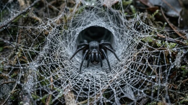 Intriguing Close-Up of a Black Spider in Its Web, Ready to Pounce.