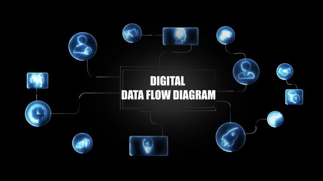 Digital data flow diagram infographic featuring interconnected glowing blue representing business strategy, network connectivity, artificial intelligence, and global