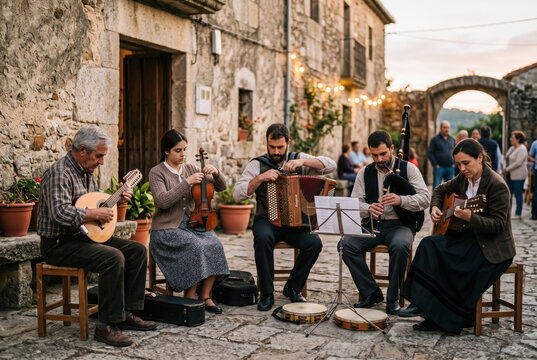 Street musicians performing at outdoor tables in a historic stone village.generative AI