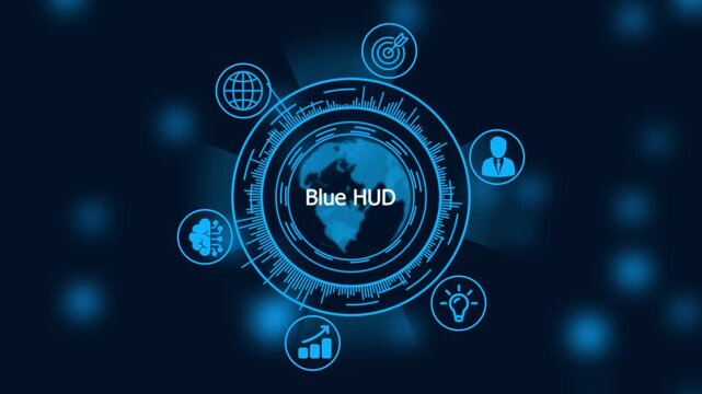 Digital global business hud interface with rotating data analytics and futuristic technology in blue motion