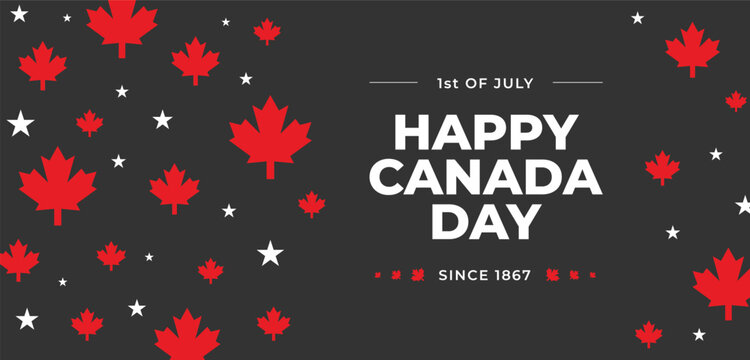 Happy Canada Day illustration background banner header with red maple leaves and stars. Black background. 1st of July national holiday design. Greeting card poster geometrical decoration, covering