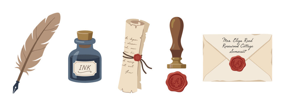 Vintage writing tools and correspondence elements collection, including a feather quill, ink bottle, sealed scroll, and envelope, evoking a sense of historical communication.