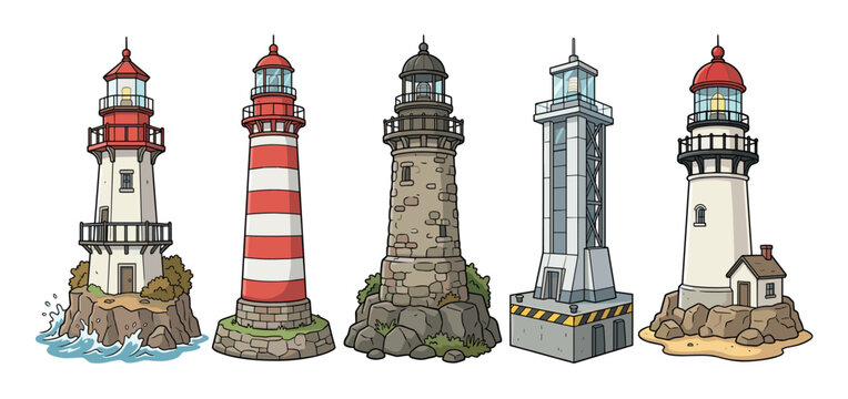 Five distinct lighthouses stand tall, guiding ships safely across the ocean with their powerful beams, depicted in a charming cartoon style.