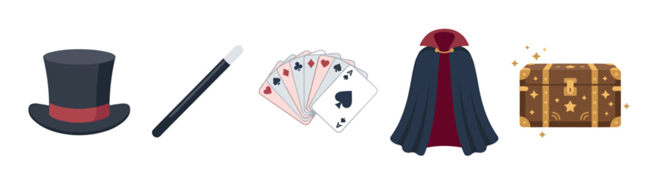 Various magic show props including a top hat, wand, playing cards, a mysterious cape, and a sparkling treasure chest, ready for an enchanting performance.