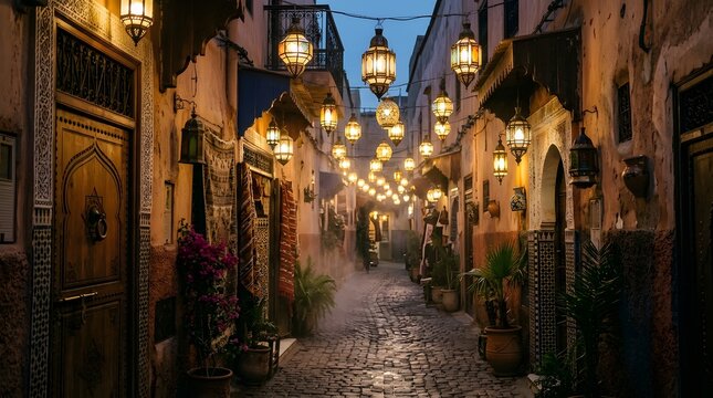 A narrow riad alleyway in Marrakech with hanging lanterns and rose water mist
