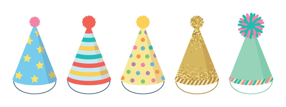 Five colorful festive party hats with various patterns and playful pom-poms are arranged in a cheerful row, ready for any celebration.