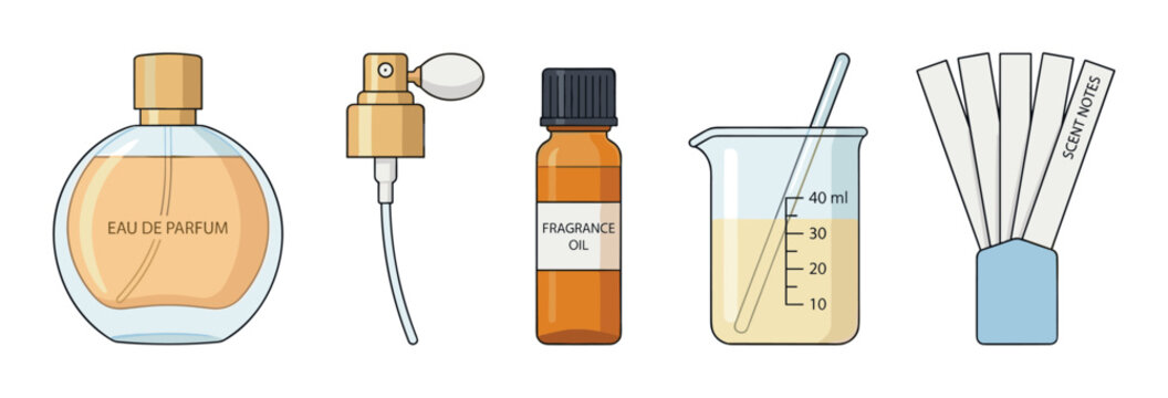 Perfume creation process illustration showing various components like eau de parfum, fragrance oil, measuring beaker, and scent strips for testing.