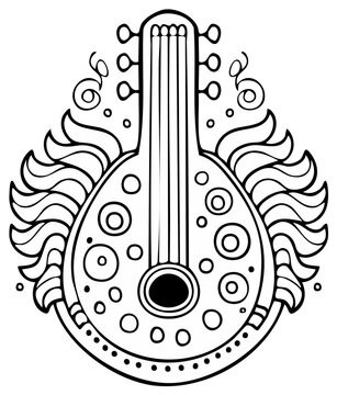 Mandolin Lute Stylized Folk Music Instrument with Decorative Ornate Swirls and Circles