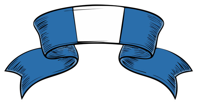 Hand drawn blue waving ribbon scroll banner vintage sketch style design element with copy space