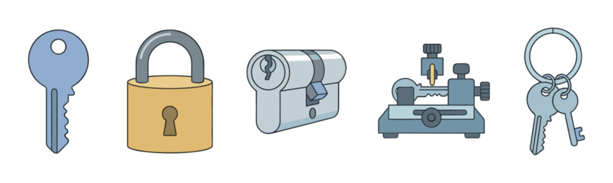 Keys, locks, and locksmith tools are depicted in a colorful cartoon illustration, representing security, access, and repair services.