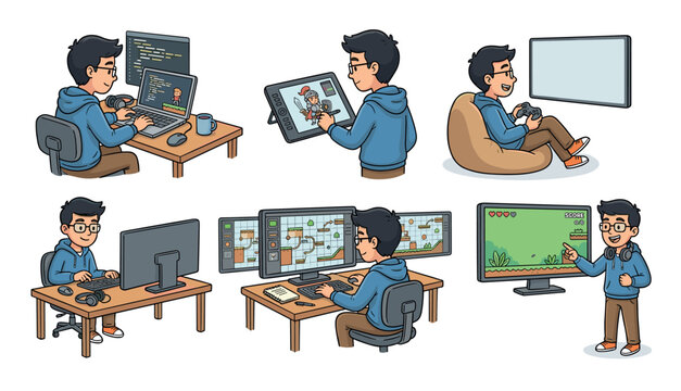 Young man creating video games, designing characters, coding levels, and playing his creations on various devices, showcasing the complete development cycle.