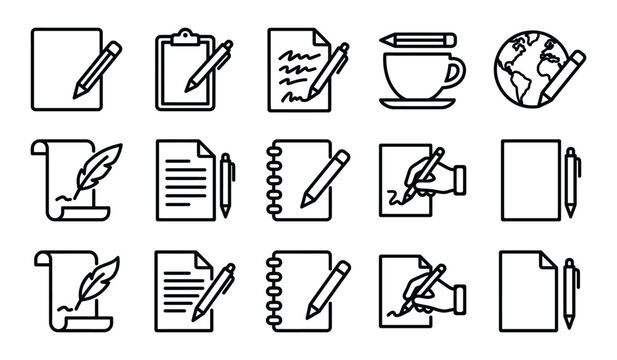 Writing and document icons set with writing hand document icon pen pencil notes notebook