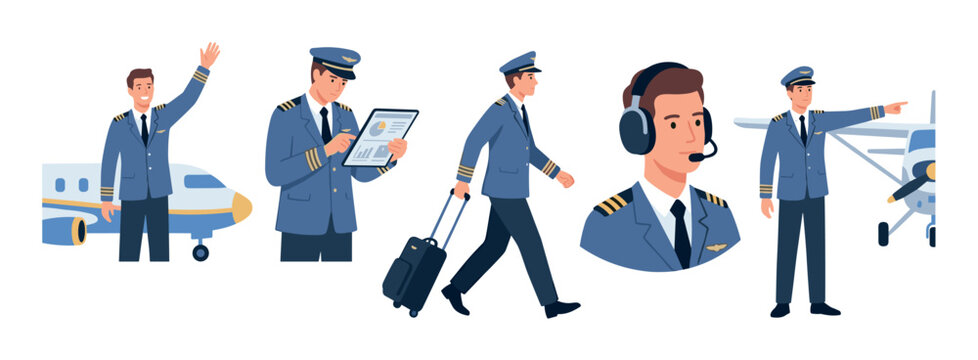 Male pilot character set showing various aviation related actions and poses, including waving, checking data, traveling, and communicating.