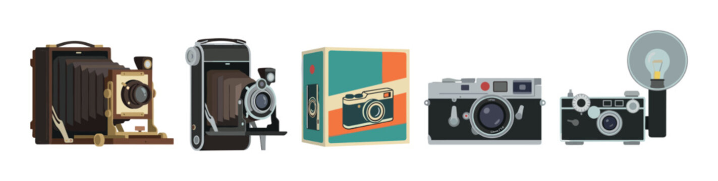 Vintage old retro antique classic film cameras are beautifully illustrated, showcasing the rich history and evolution of photographic equipment.