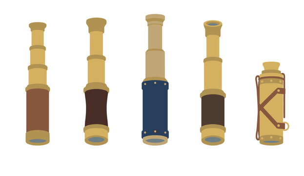 Five antique spyglasses in various designs and colors are arranged horizontally, showcasing vintage exploration and navigation tools for adventure.